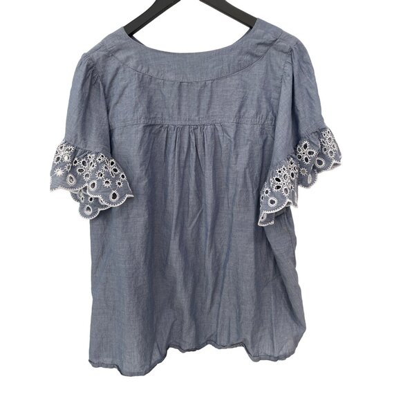 Isaac Mizrahi Live Cotton Lawn Split Neck Embroidered Blouse Womens 3X Chambray - Picture 5 of 11